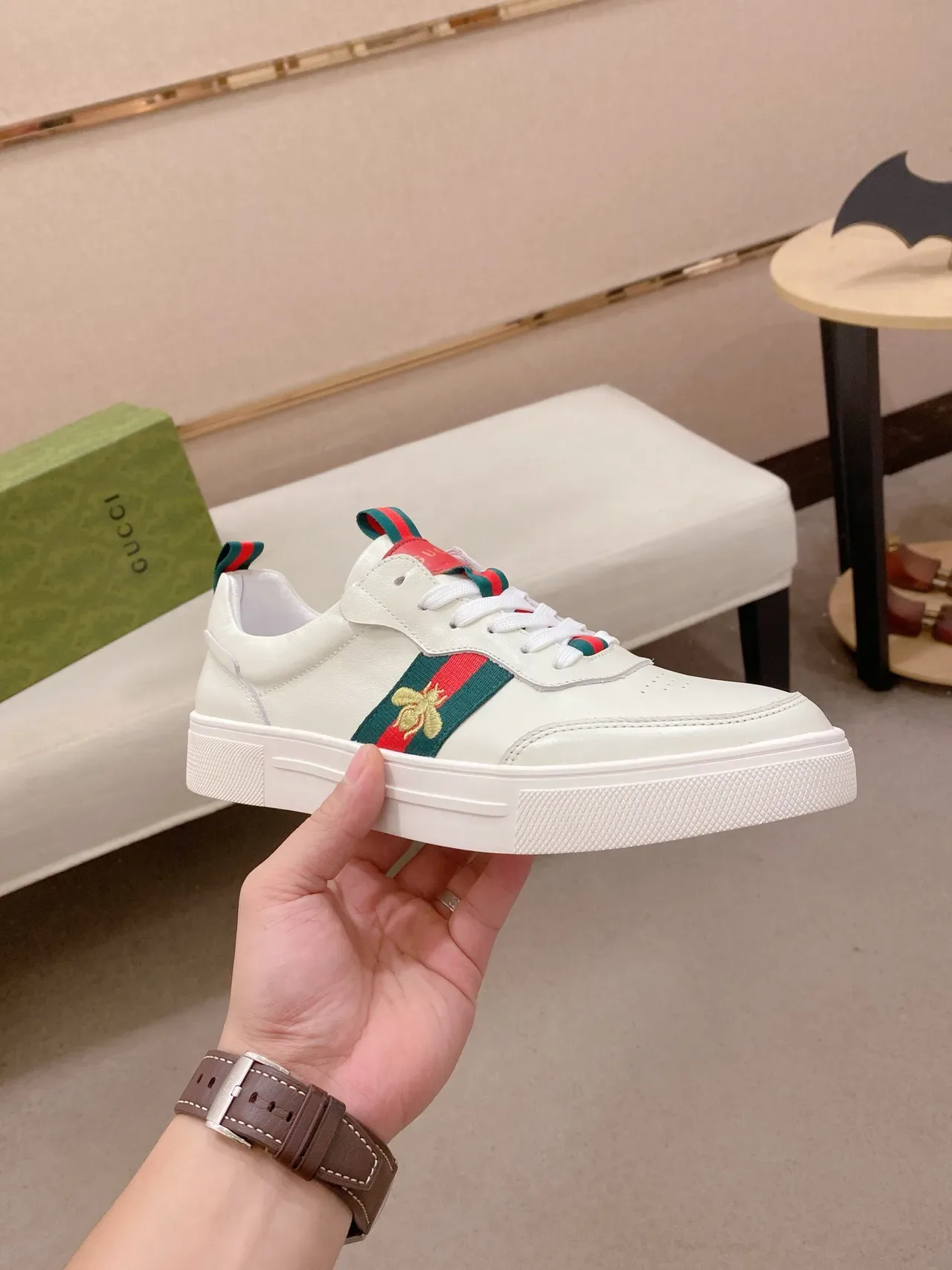 Gucci White Green Leather Web Stripe Lifestyle Sneakers 4