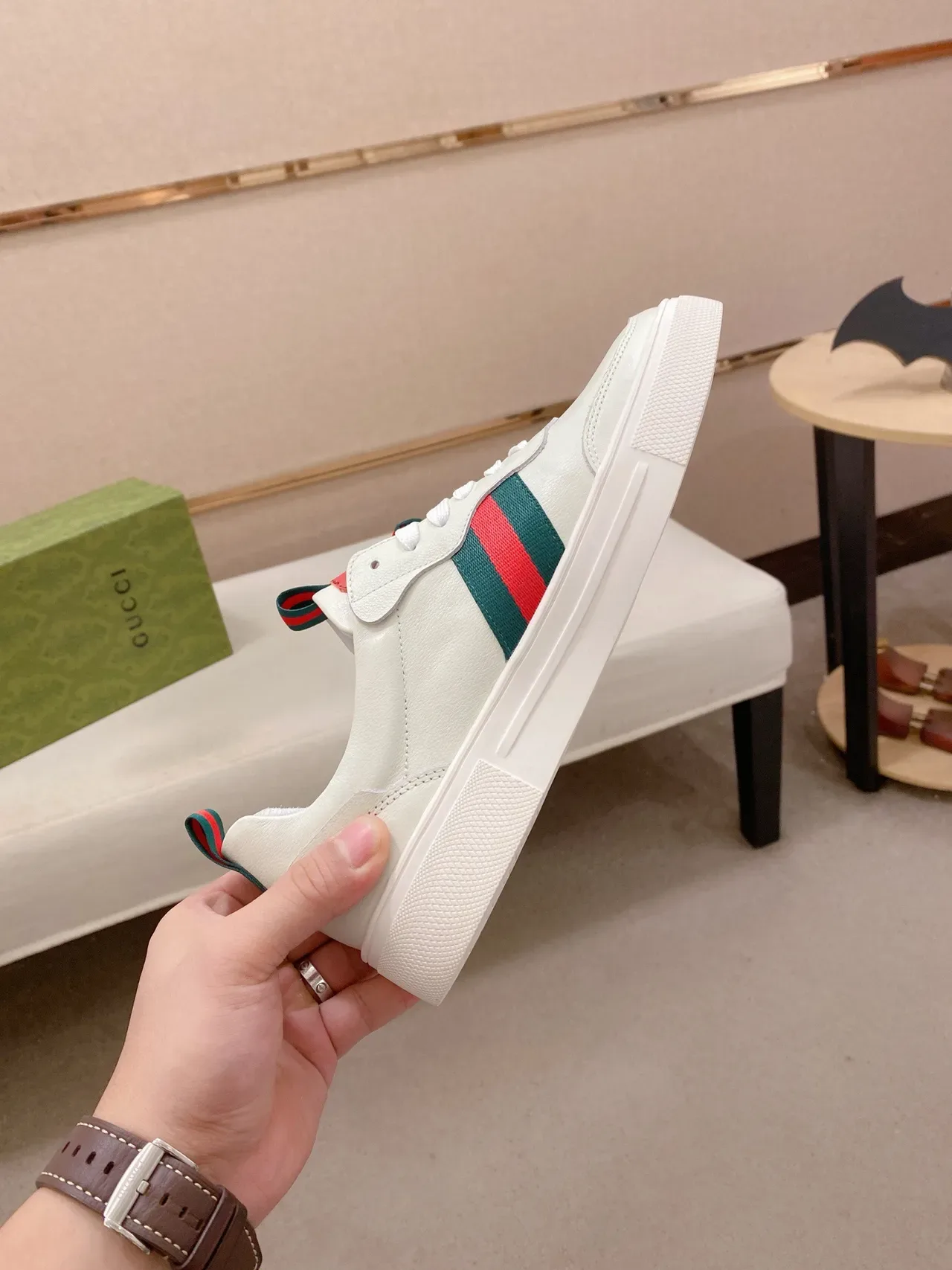 Gucci White Green Leather Web Stripe Lifestyle Sneakers 5
