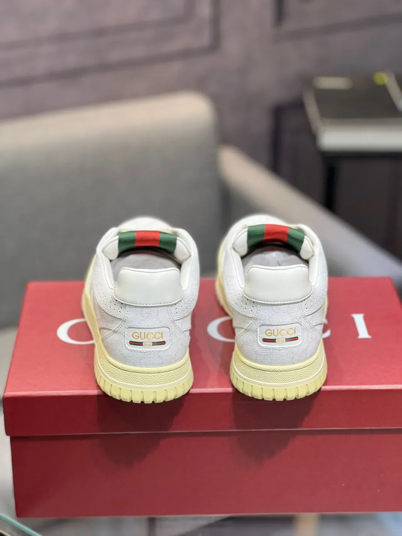 Gucci White Green Perforated Leather Upper GG Monogram Texture Lifestyle Sneakers 5