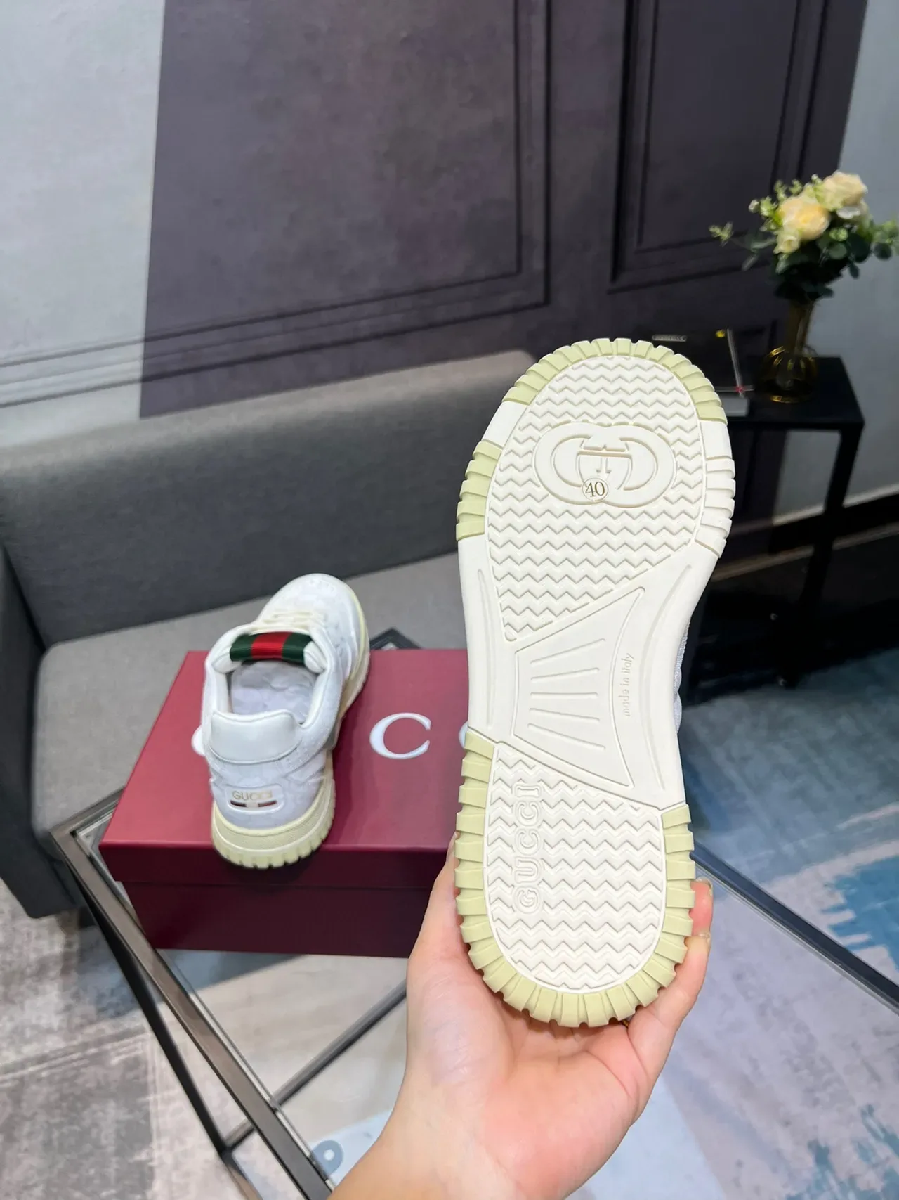 Gucci White Green Perforated Leather Upper GG Monogram Texture Lifestyle Sneakers 6