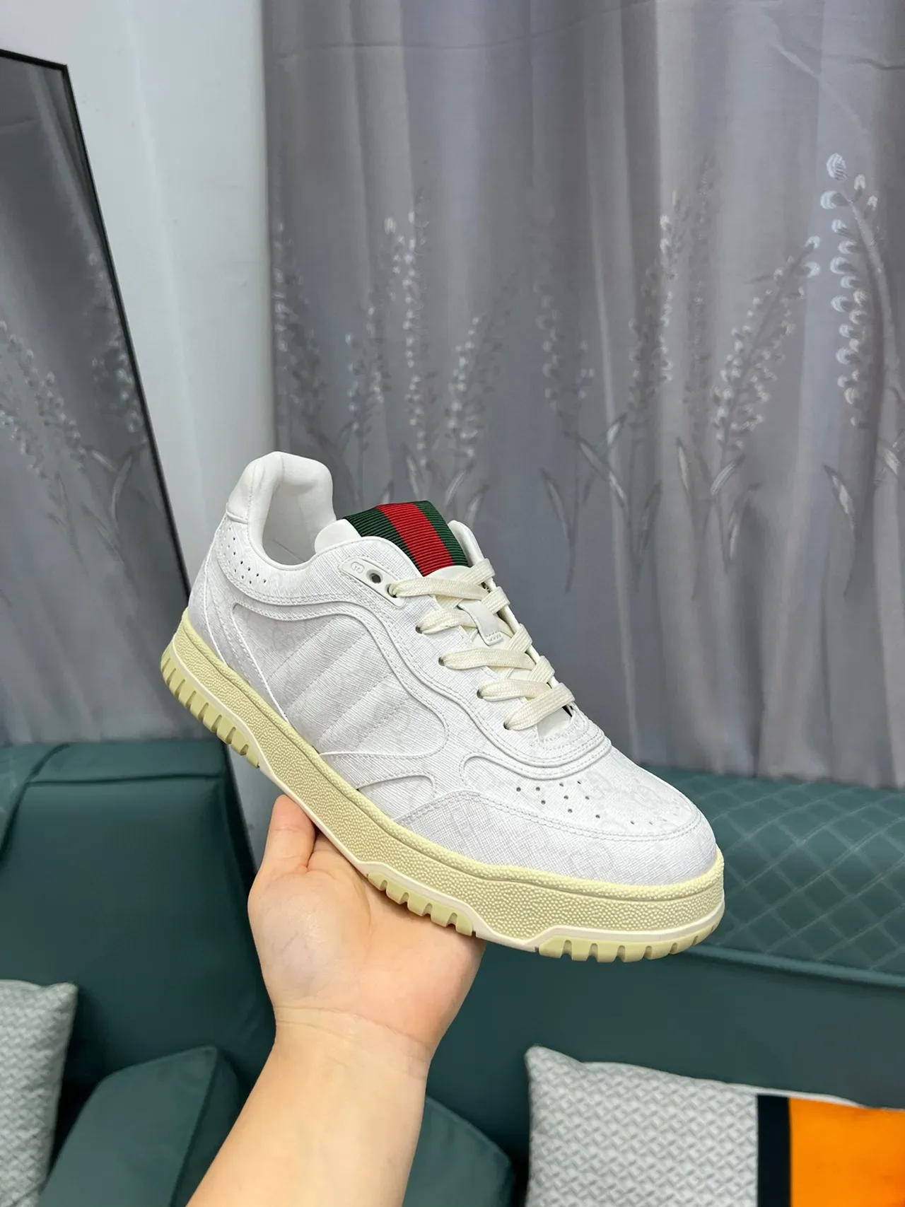 Gucci White Green Perforated Leather Upper GG Monogram Texture Lifestyle Sneakers 7