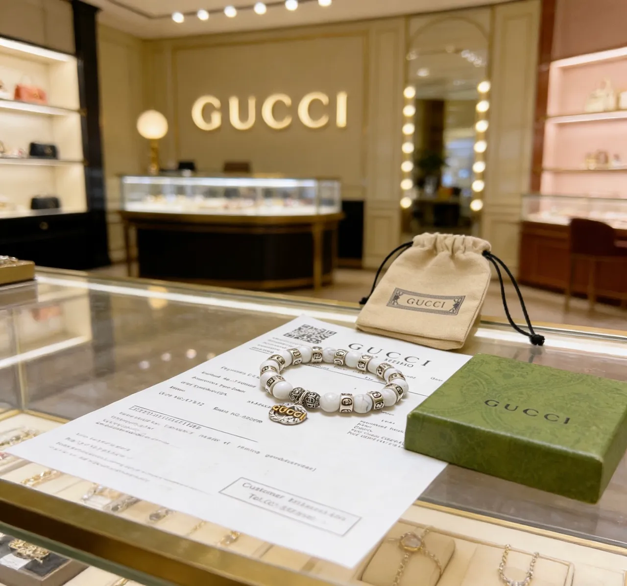 Gucci White Silver Beaded Marble-Effect Bracelet 2