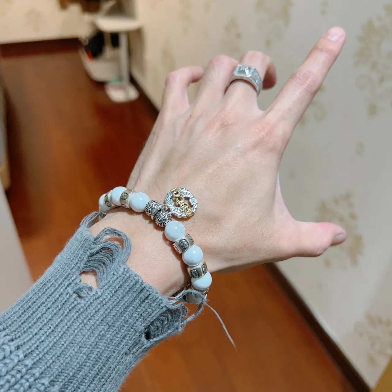 Gucci White Silver Beaded Marble-Effect Bracelet 4