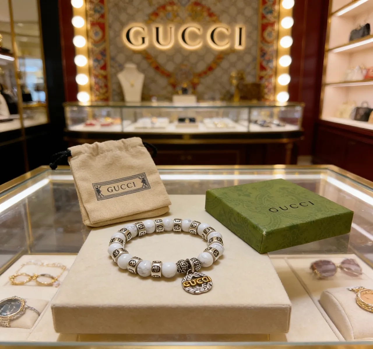 Gucci White Silver Beaded Marble-Effect Bracelet 6