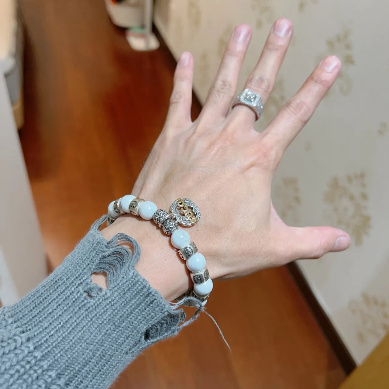 Gucci White Silver Beaded Marble-Effect Bracelet 8