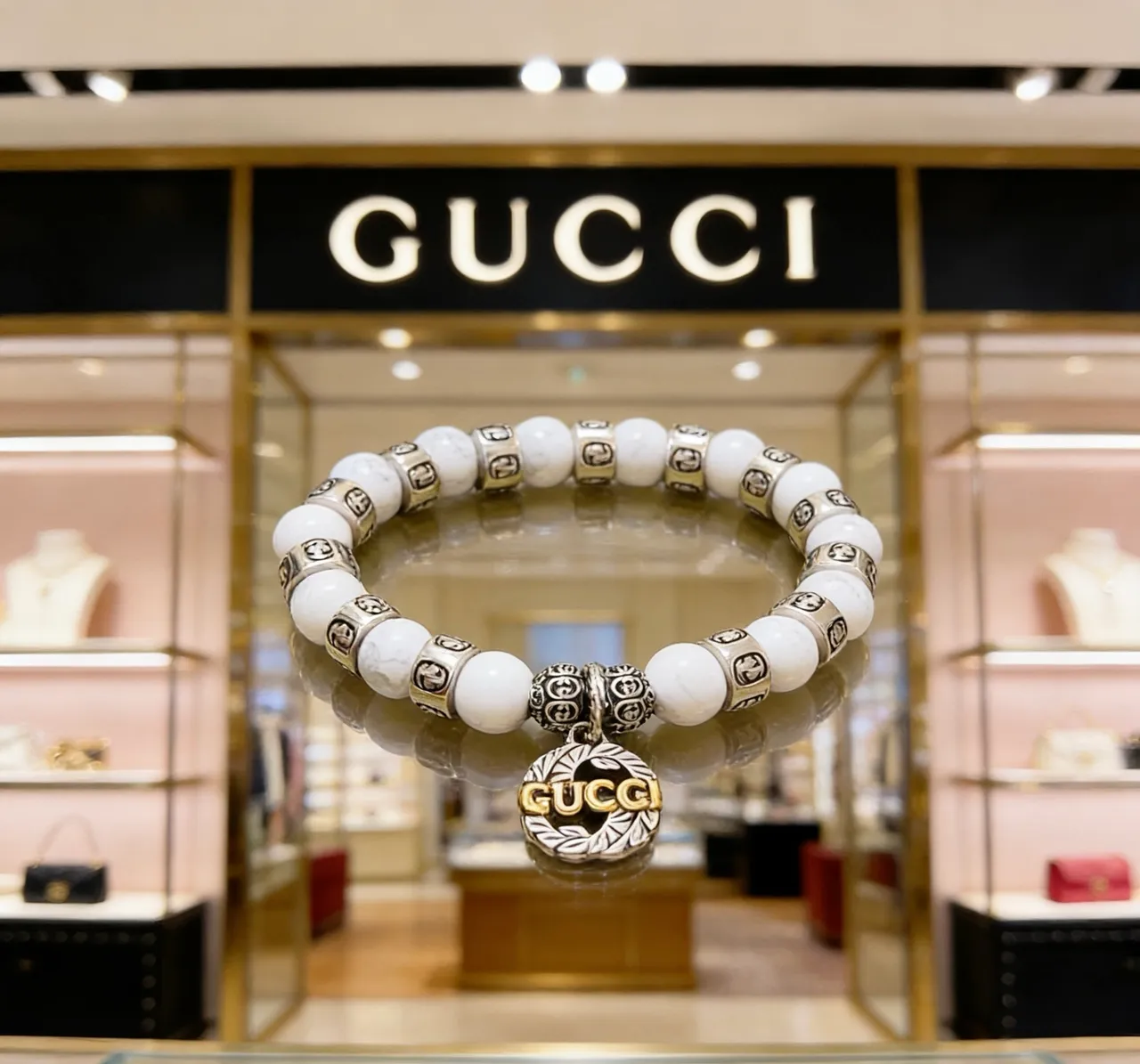 Gucci White Silver Beaded Marble-Effect Bracelet 9