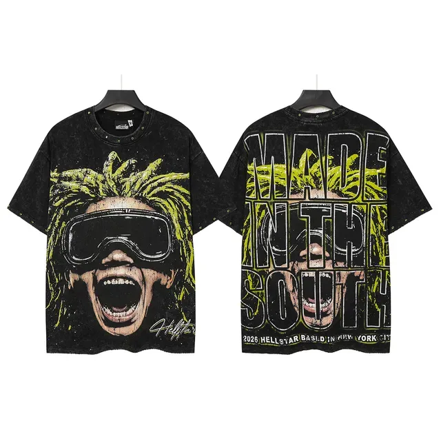Hellstar Acid-Green Graphic Print Distressed Black Oversized T-Shirt 2
