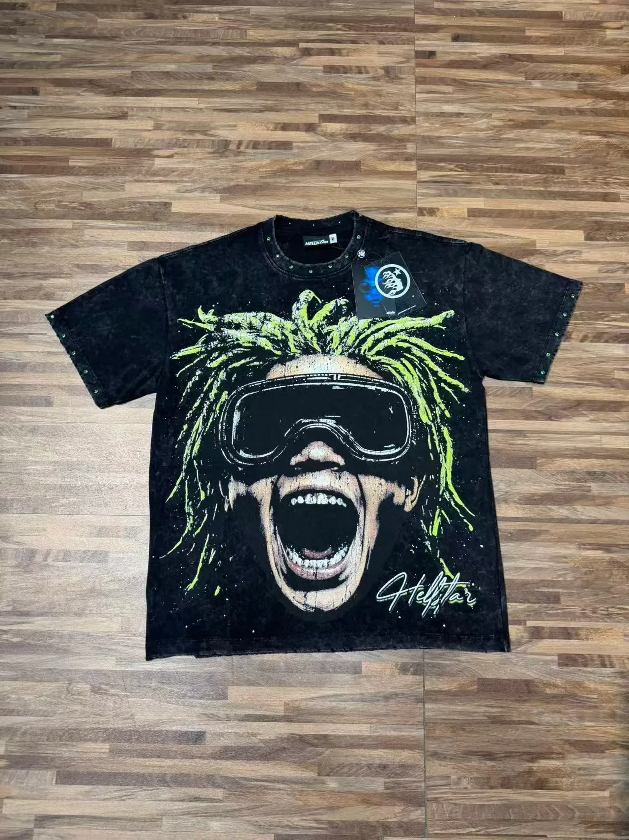 Hellstar Acid-Green Graphic Print Distressed Black Oversized T-Shirt 6