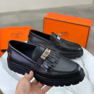 Hermès Black Silver Textured Leather Tassel-Fringe Strap Loafer