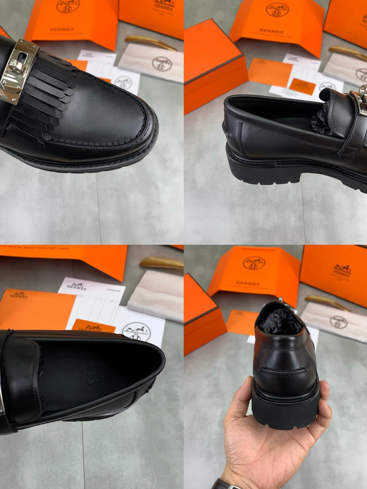 Hermès Noir Argenté Cuir Texturé avec Sangle à Franges et Pompons Mocassin 3