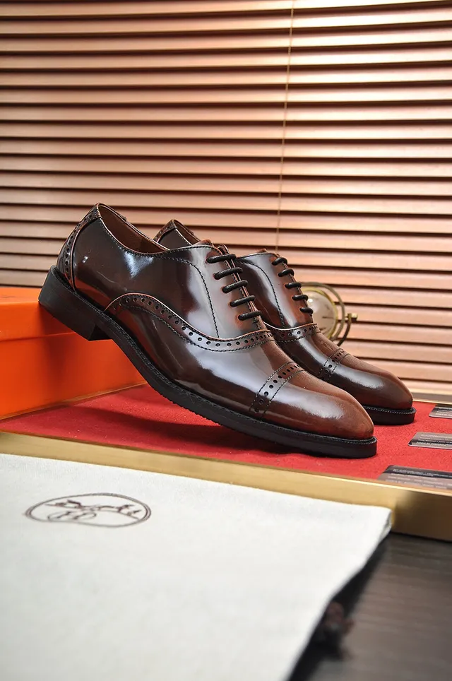Hermès Brown Black Cap-Toe Polished Leather Brogue 8