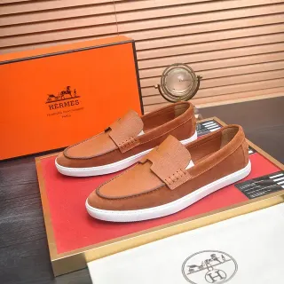 Hermès Mocasín Marrón Blanco Ante y Cuero Texturizado Suela de Goma