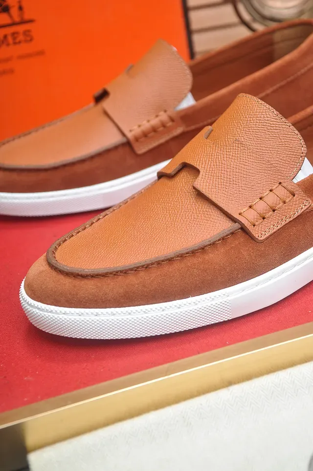 Hermès Brown White Suede And Textured Leather Upper Rubber Sole Loafer 2