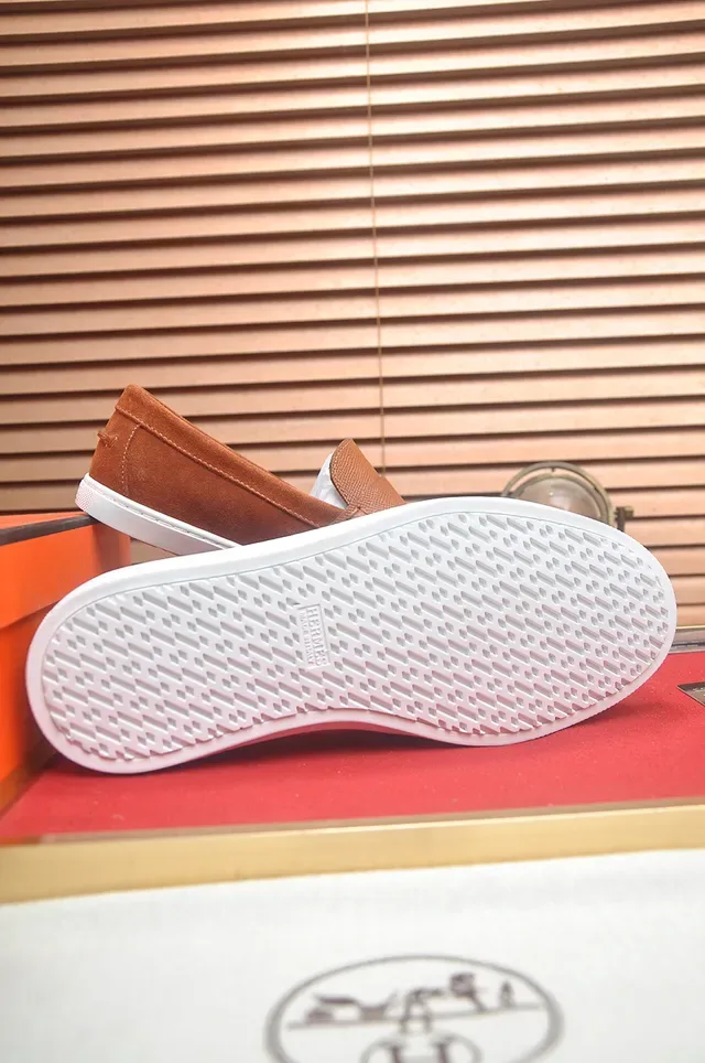 Hermès Brown White Suede And Textured Leather Upper Rubber Sole Loafer 3