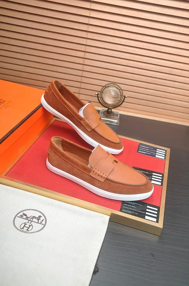 Hermès Brown White Suede And Textured Leather Upper Rubber Sole Loafer 4