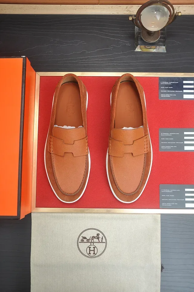 Hermès Brown White Suede And Textured Leather Upper Rubber Sole Loafer 5