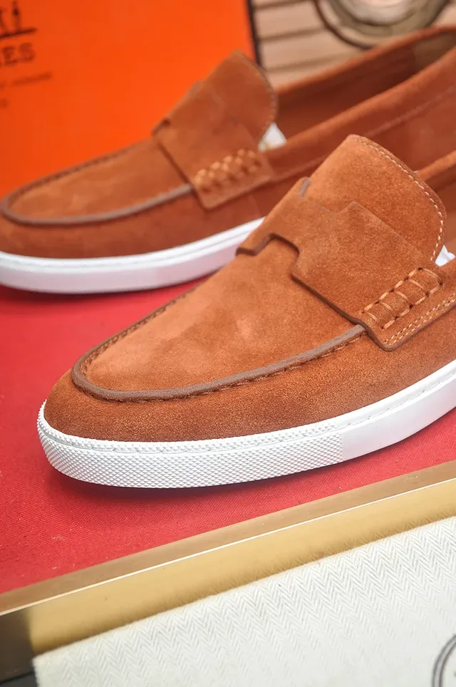 Hermès Brown White Suede Upper Moccasin-Stitched Toe Loafer 2