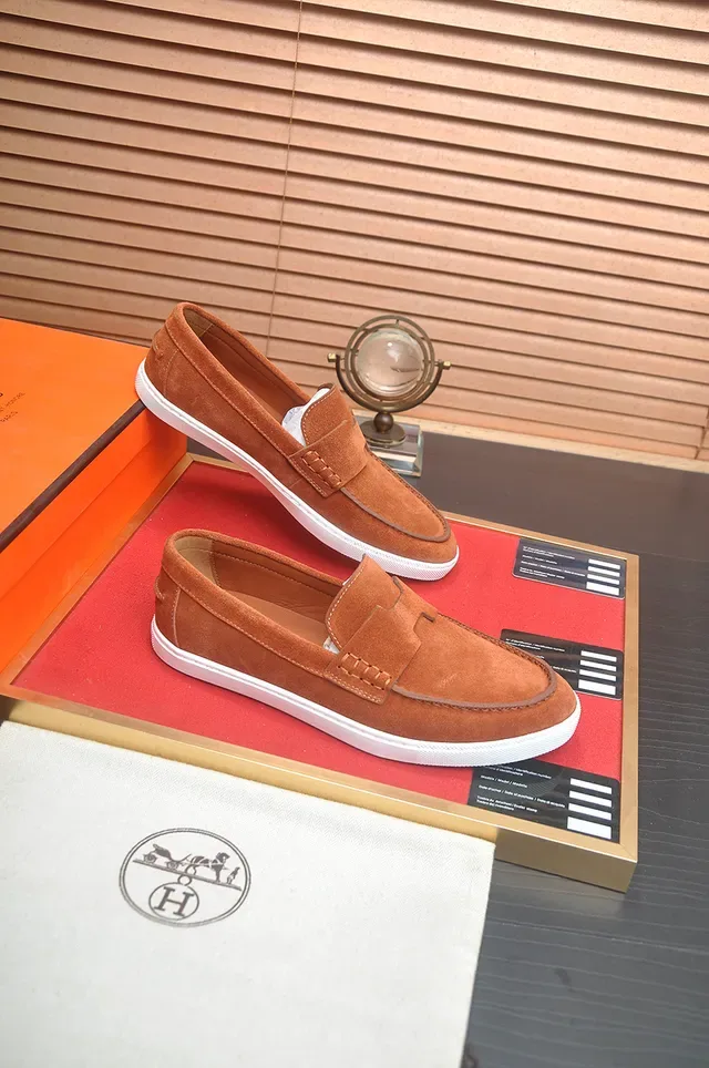 Hermès Brown White Suede Upper Moccasin-Stitched Toe Loafer 4