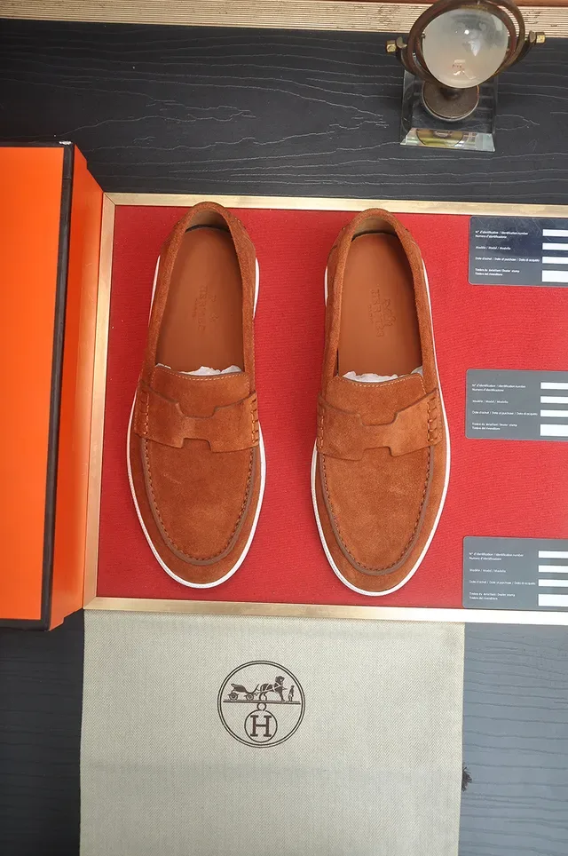 Hermès Brown White Suede Upper Moccasin-Stitched Toe Loafer 5