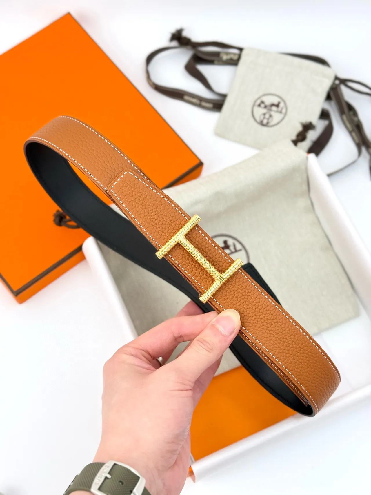 Hermès Constance Belt বাদামি সোনা কণিকাযুক্ত বিকৃত H-বাকল চামড়ার বেল্ট 14