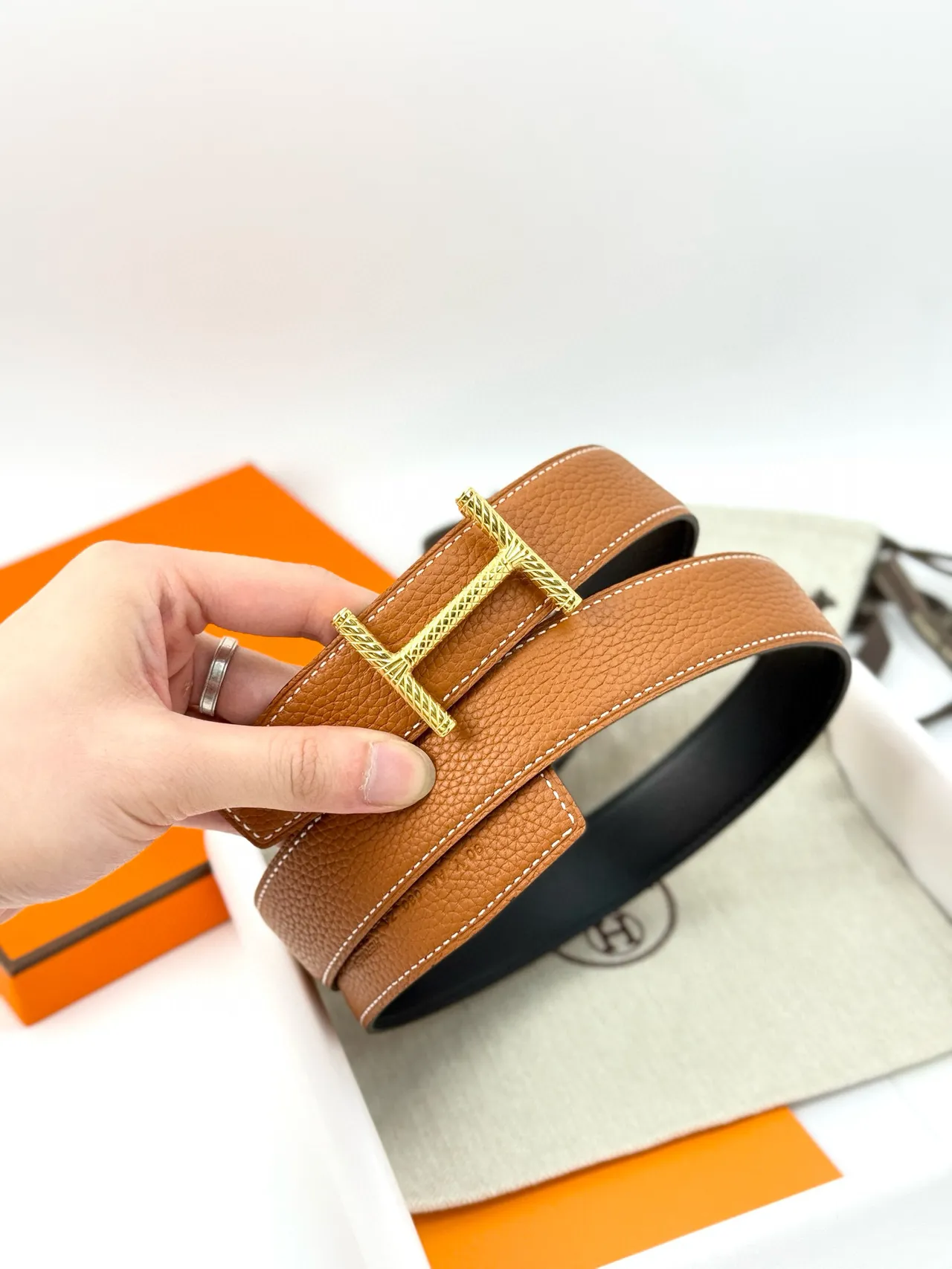 Hermès Constance Belt বাদামি সোনা কণিকাযুক্ত বিকৃত H-বাকল চামড়ার বেল্ট 15