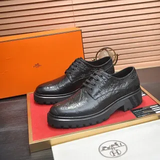 Hermès Embossed Black Leather Oxford Shoes