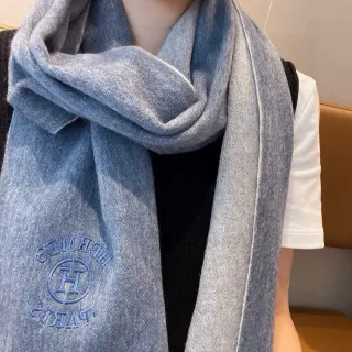 Hermès Embroidered Logo Heather Blue Cashmere Scarf