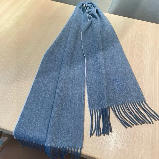 Hermès Embroidered Logo Heather Blue Cashmere Scarf 2