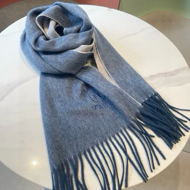 Hermès Embroidered Logo Heather Blue Cashmere Scarf 3