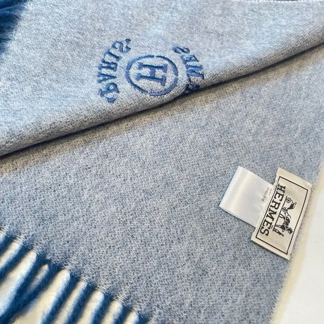 Hermès Embroidered Logo Heather Blue Cashmere Scarf 4