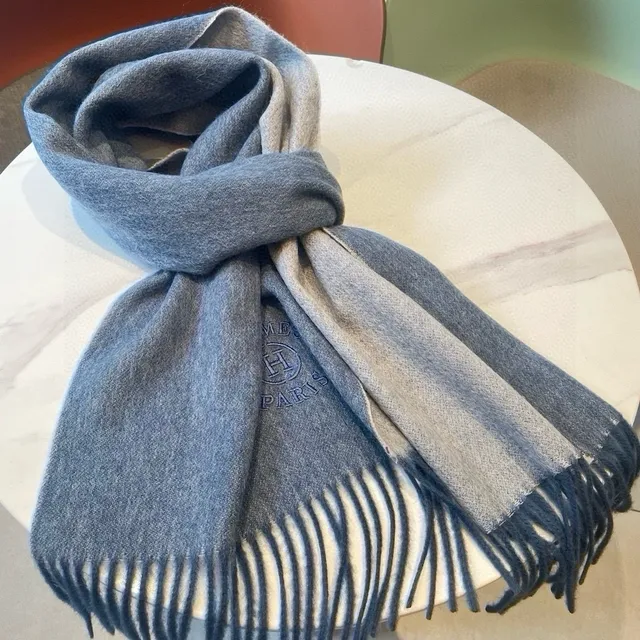 Hermès Embroidered Logo Heather Blue Cashmere Scarf 5