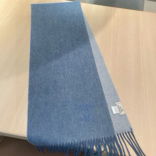 Hermès Embroidered Logo Heather Blue Cashmere Scarf 6