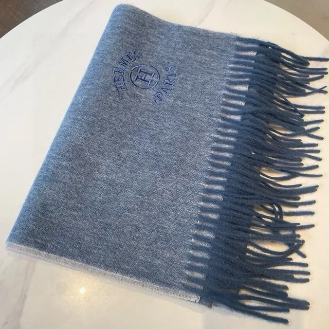 Hermès Embroidered Logo Heather Blue Cashmere Scarf 7
