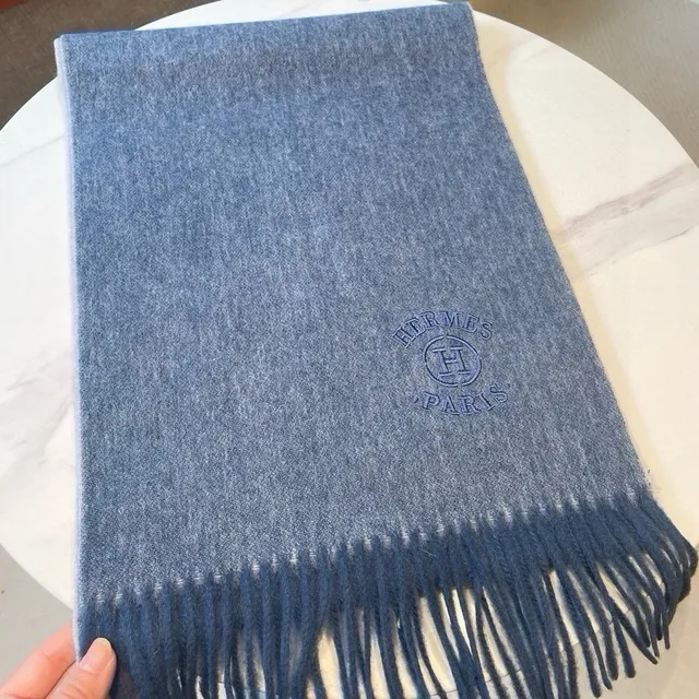Hermès Embroidered Logo Heather Blue Cashmere Scarf 8