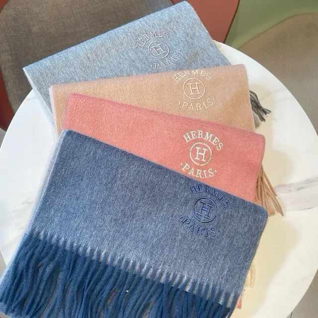 Hermès Embroidered Logo Heather Blue Cashmere Scarf 9