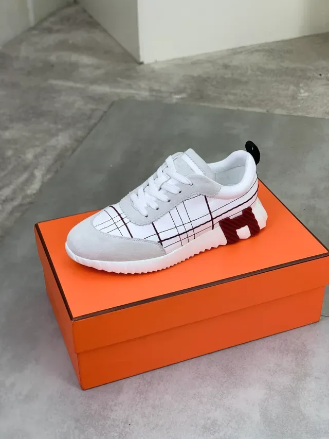 Hermès Grid-Stitched White and Gray Suede Lifestyle Sneakers 4