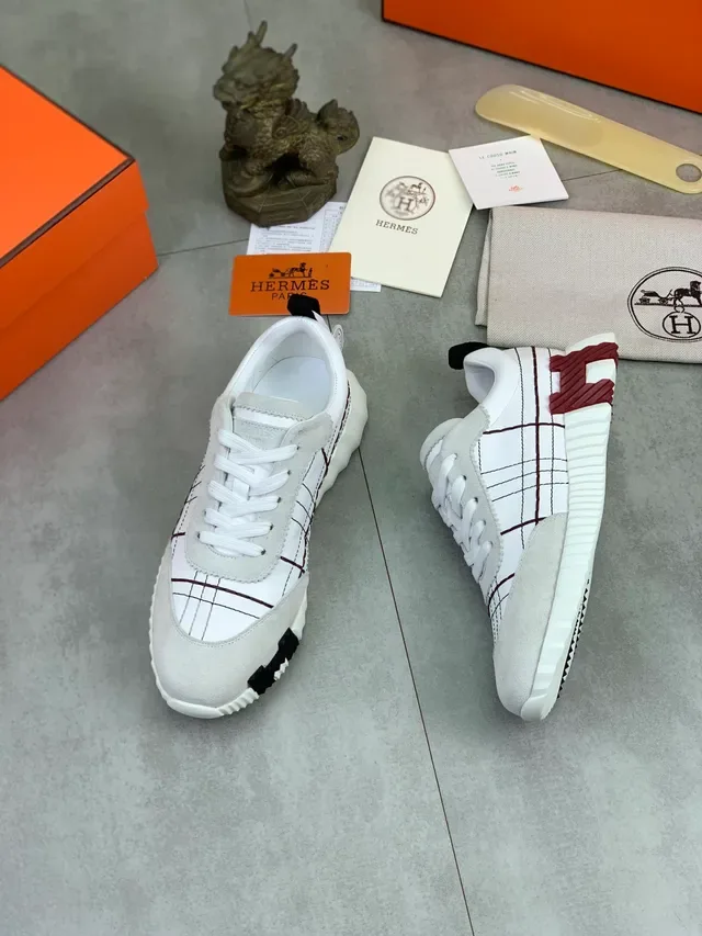 Hermès Grid-Stitched White and Gray Suede Lifestyle Sneakers 5