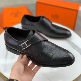 Hermès H-Buckle Monk Shoe Black Crocodile-Embossed Leather Men's Monk Shoes