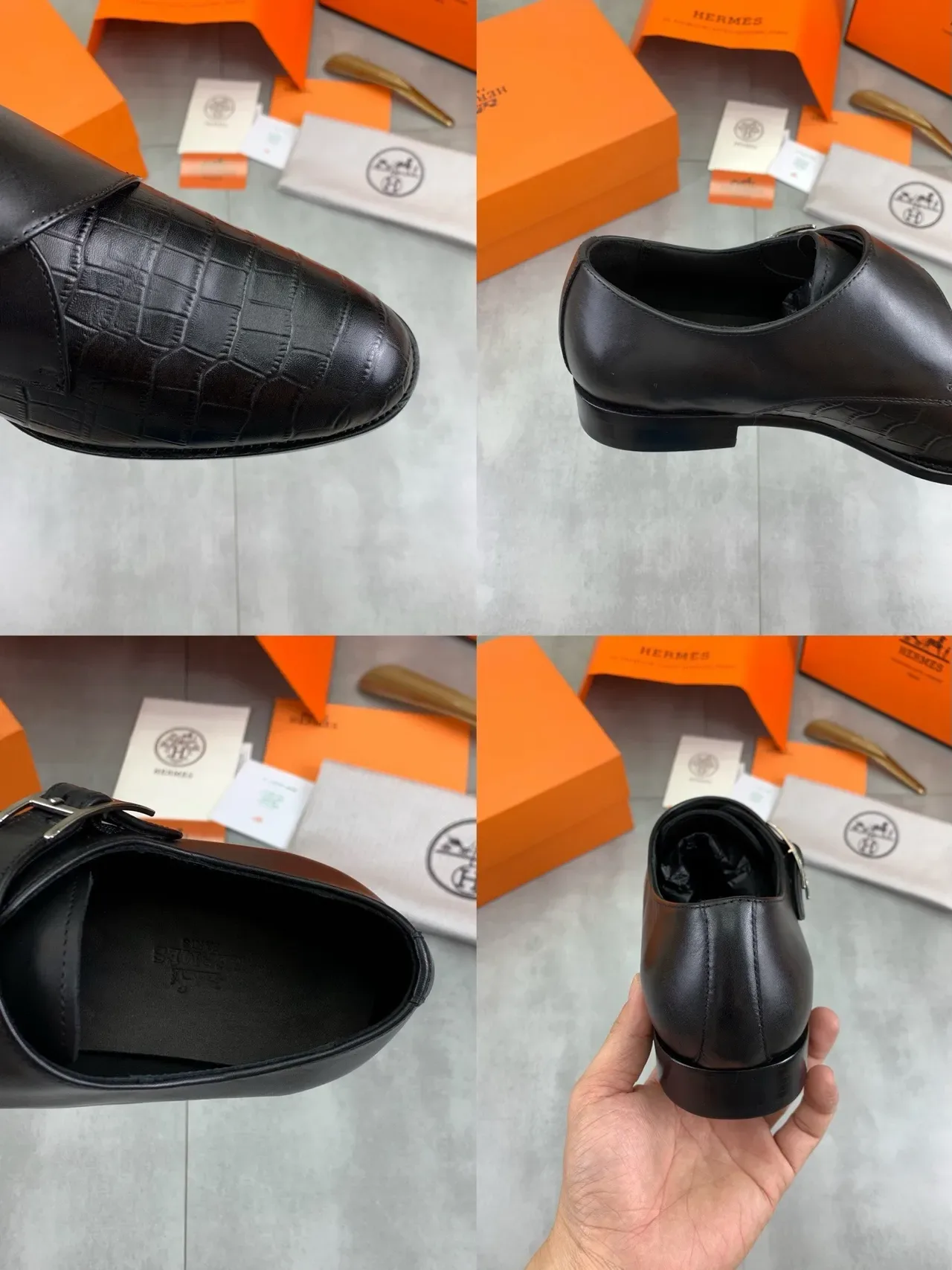 Hermès H-Buckle Monk Shoe Black Crocodile-Embossed Leather Men's Monk Shoes 3