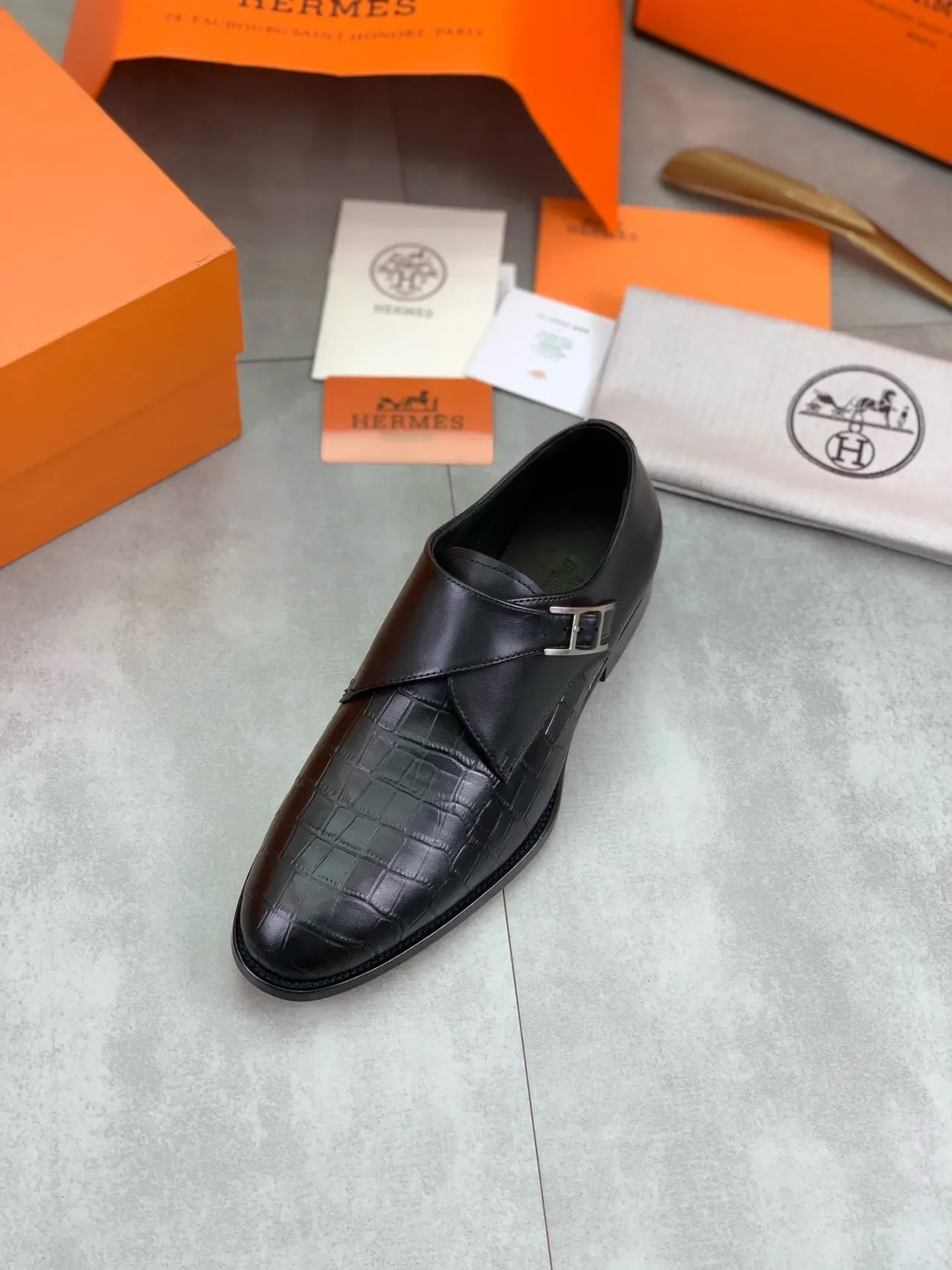 Hermès H-Buckle Monk Shoe Black Crocodile-Embossed Leather Men's Monk Shoes 5