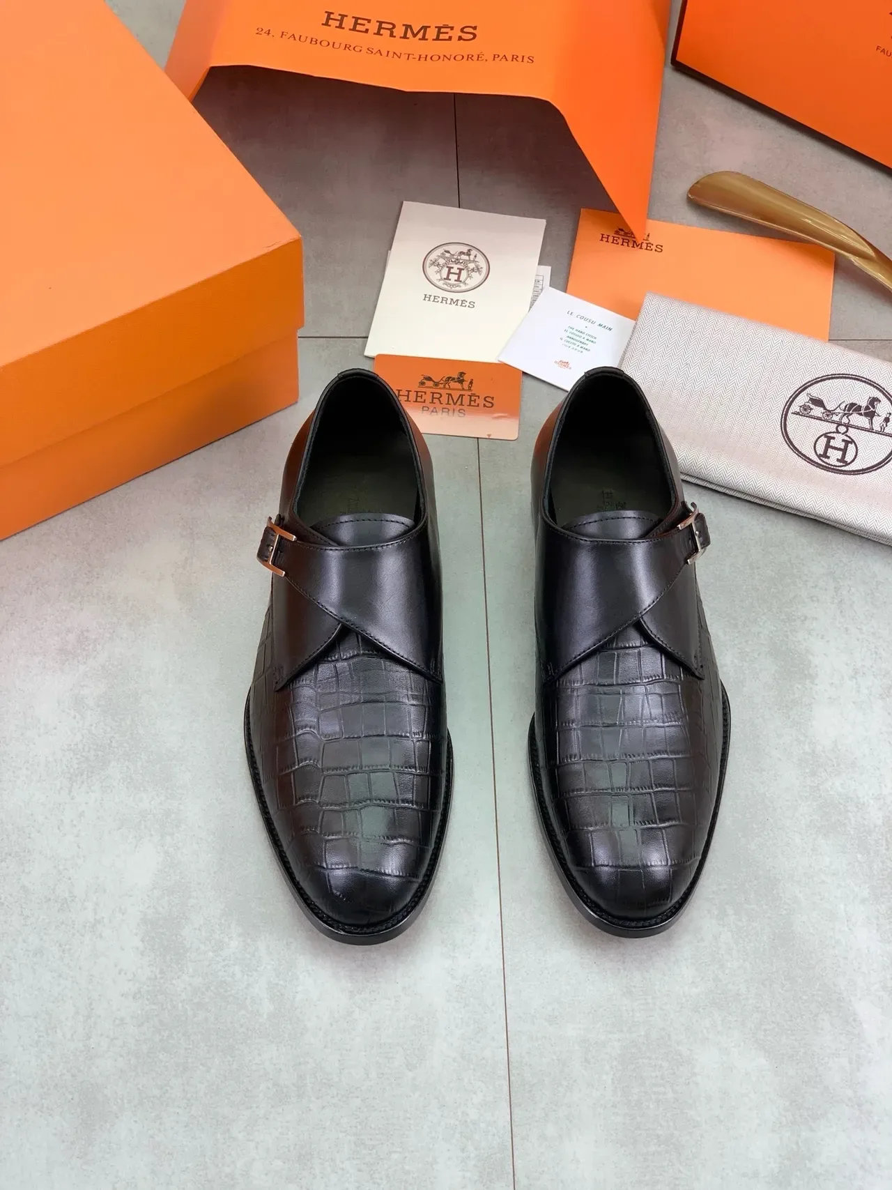 Hermès H-Buckle Monk Shoe Black Crocodile-Embossed Leather Men's Monk Shoes 6