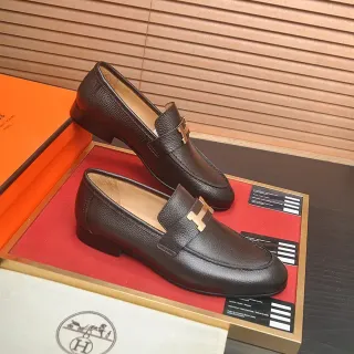 Hermès H Loafer Brown Pebbled Leather Gold Buckle Loafers