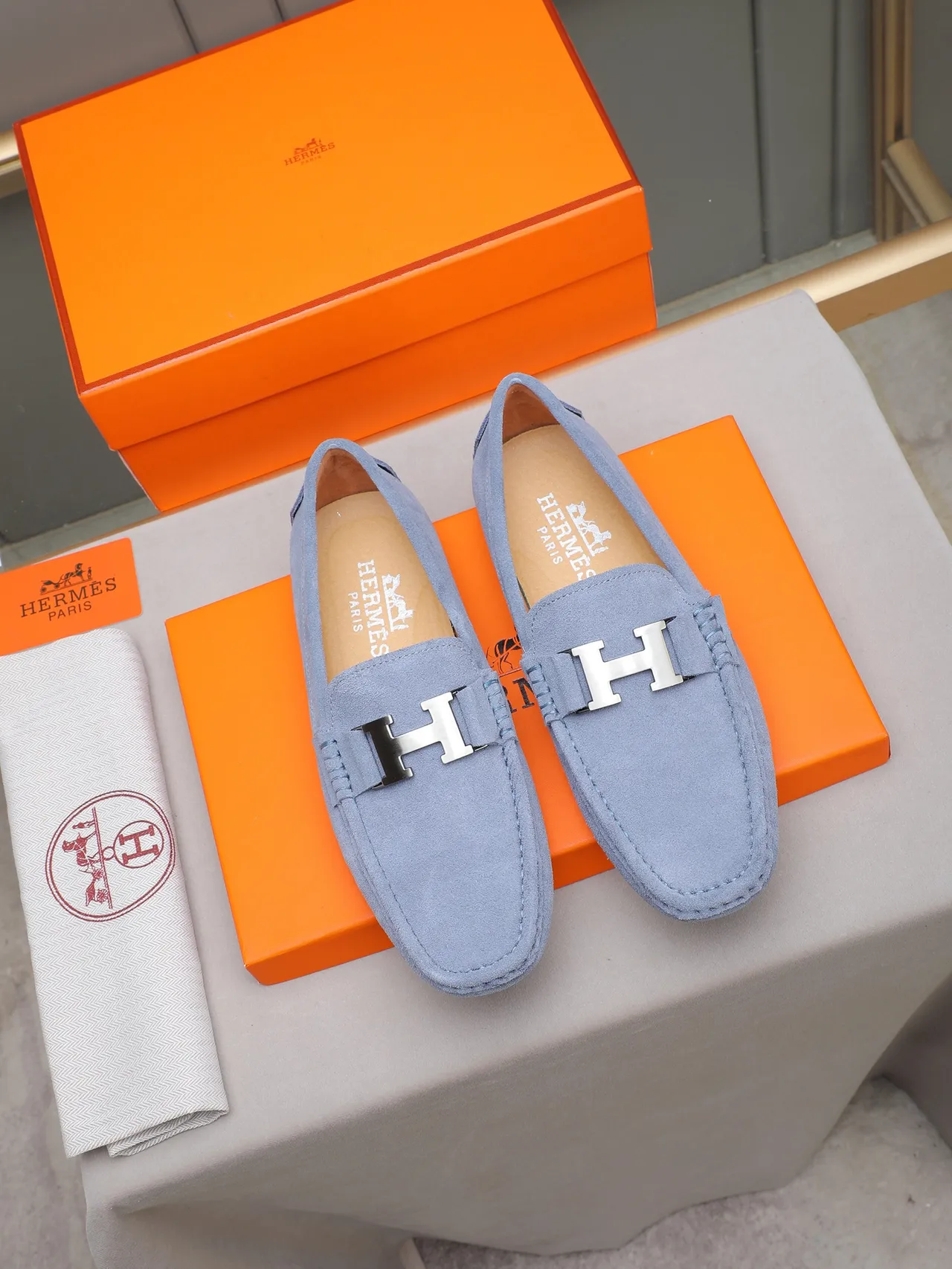 Hermès H Loafer Light Blue Suede Loafers 3