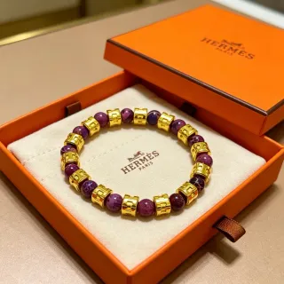 Hermès H-Motif Purple Stone and Gold-Tone Beaded Bracelet