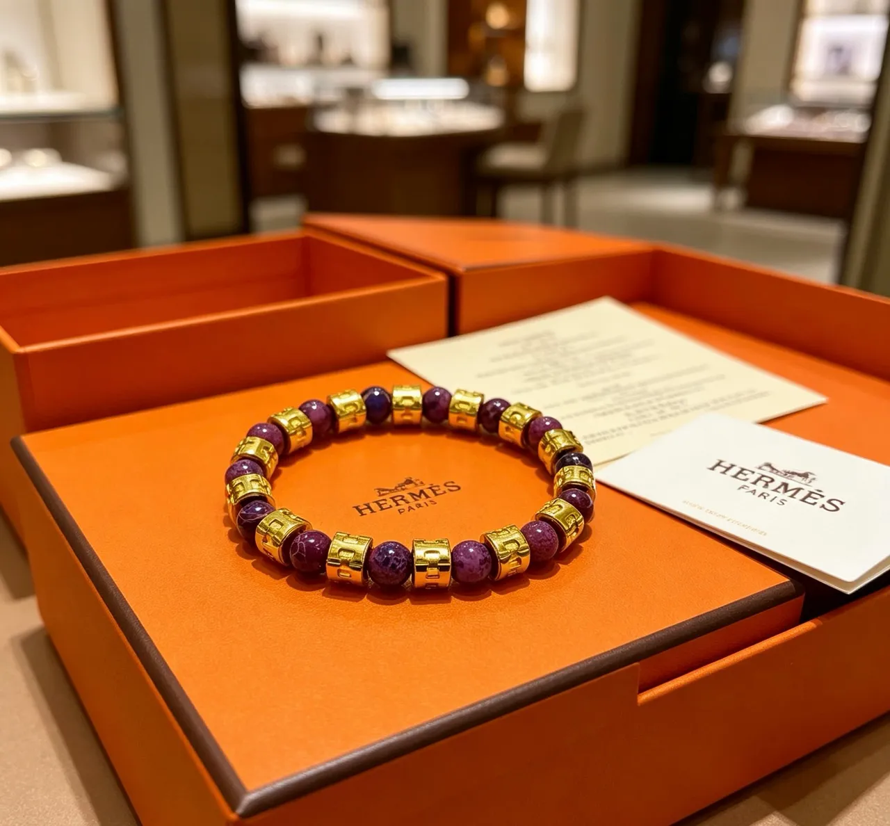 Hermès H-Motif Bracelet à perles en pierre violette et doré 3