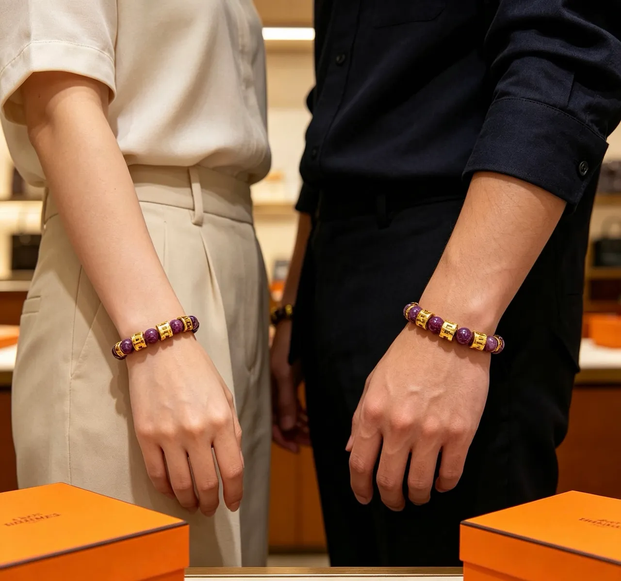 Hermès H-Motif Bracelet à perles en pierre violette et doré 4