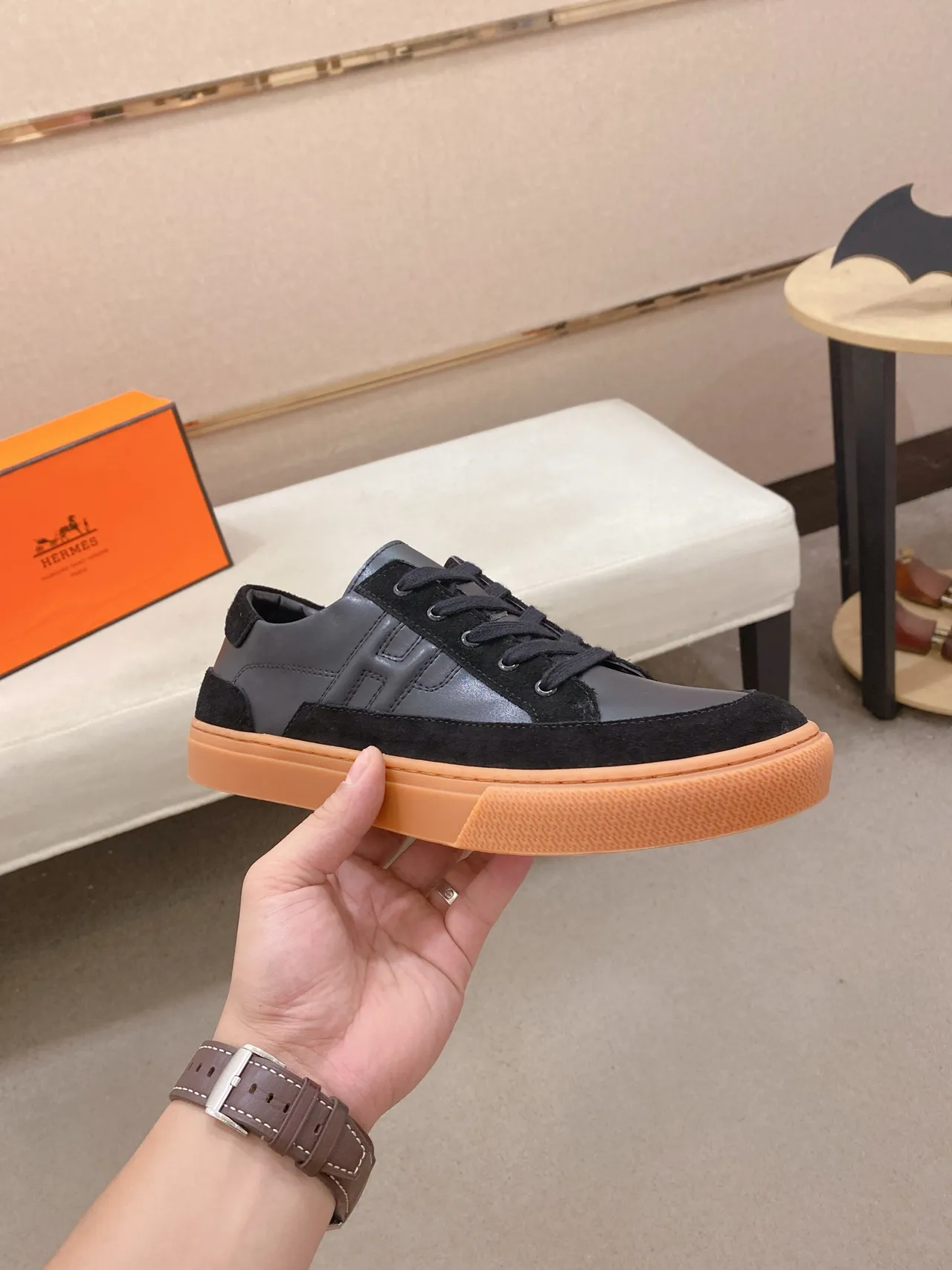 Hermès H-Sneaker Black and Gum Orange Lifestyle Sneakers 4