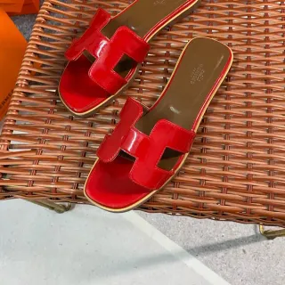 Hermès H-Strap Red Patent Leather Slippers