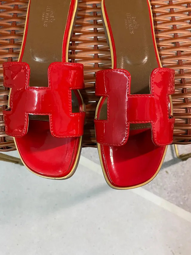Hermès H-Strap Red Patent Leather Slippers 2