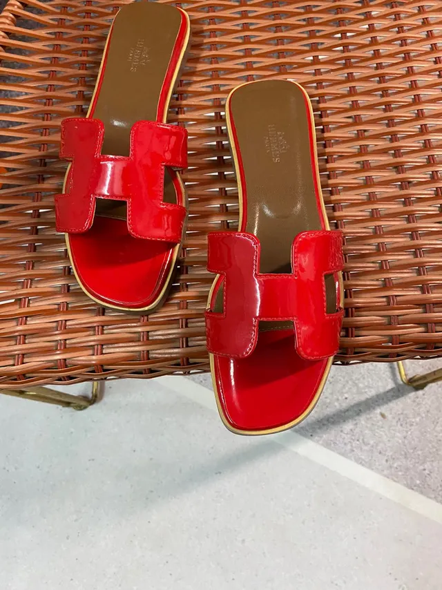 Hermès H-Strap Red Patent Leather Slippers 3
